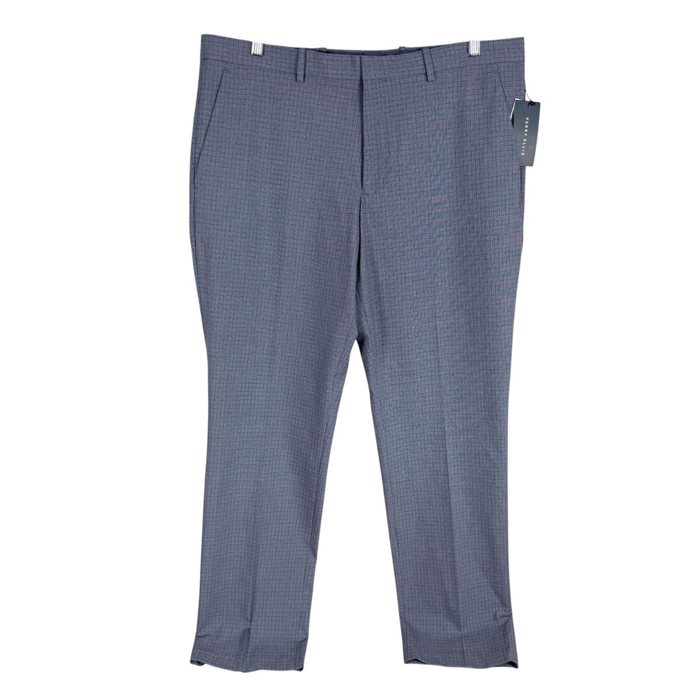 Perry Ellis Dress Pants Mens 36x32 Blue Slim Fit Sargasso Sea Check Stretch $89